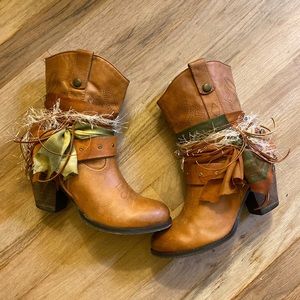 Size 7.5 Tan Ankle Boots Embellished UPCycled